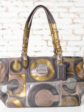 Coach Mia Patchwork C Handbag Purse Tote Bag Gray Bronze & Silver Suede Leather